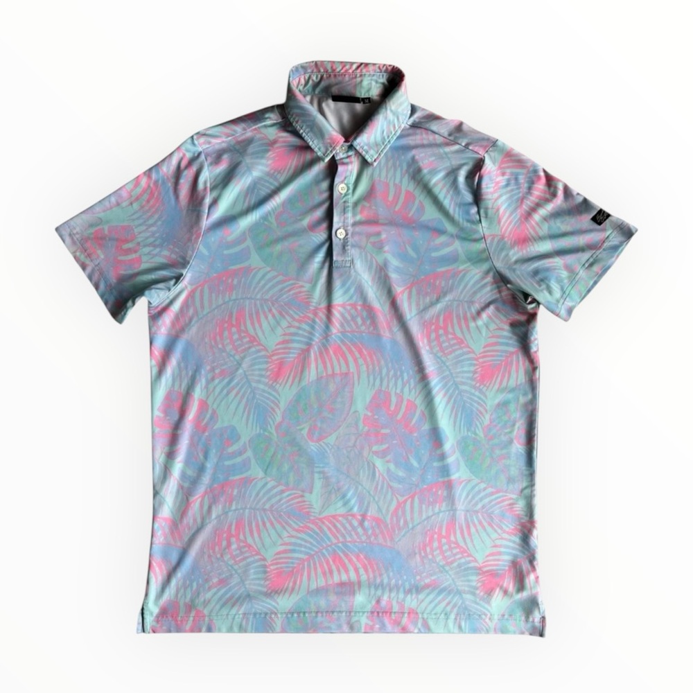 Sunday Swagger Men’s M Golf Polo Shirt Pink Blue Palm Tropical Performance AOP